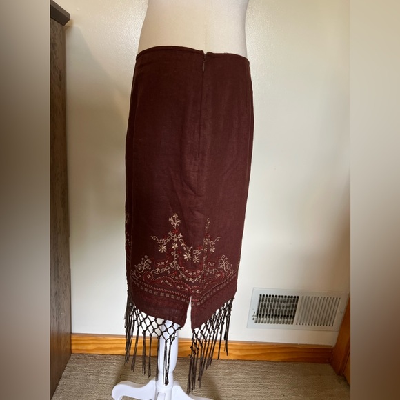 Vintage B.Moss Brown Linen Embroidered Fringe Skirt Size 8 - Picture 6 of 15